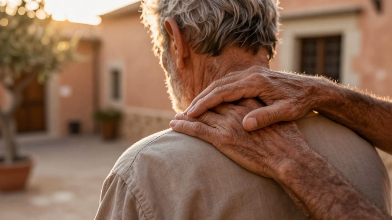 Manos de un hombre mayor descansan con ternura sobre los hombros de un joven en un gesto de consuelo y reconciliación en un entorno cálido.