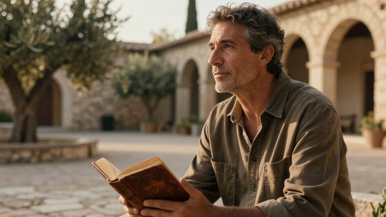 Hombre de mediana edad con expresión serena contempla el horizonte sentado en un patio de piedra junto a un libro antiguo.