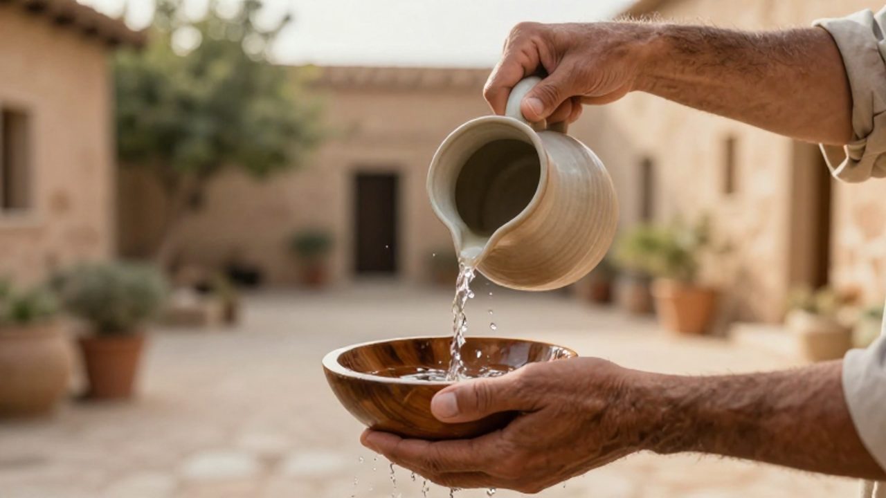 Unas manos curtidas vierten agua desde una jarra de cerámica en un cuenco de madera sostenido por otra persona en un entorno luminoso y sereno.