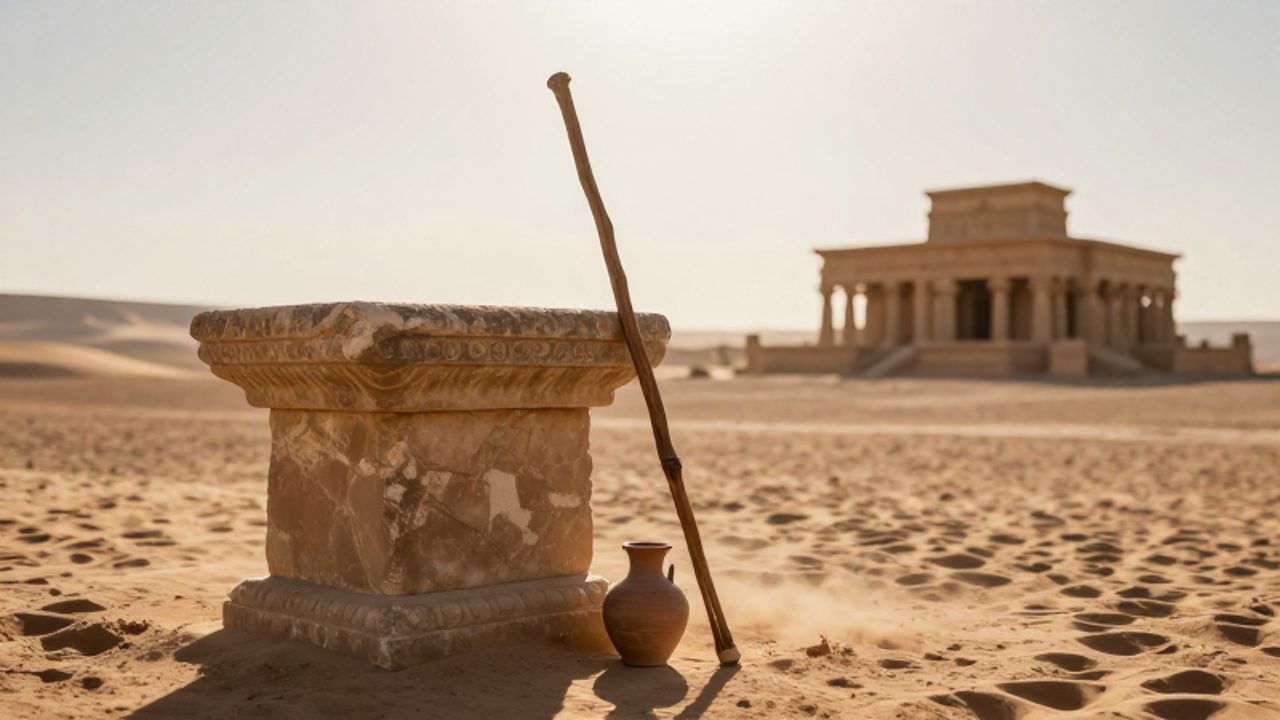 Un altar de piedra desgastado con un bastón de madera y un pequeño cuenco de barro en un desierto, con templos paganos difuminados al fondo.