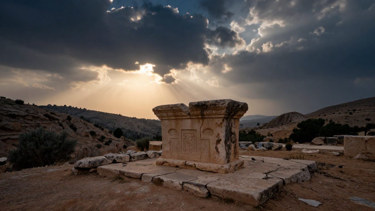 Altar de piedra tallado sobre un paisaje montañoso del Levante mediterráneo bajo una luz dramática de amanecer.