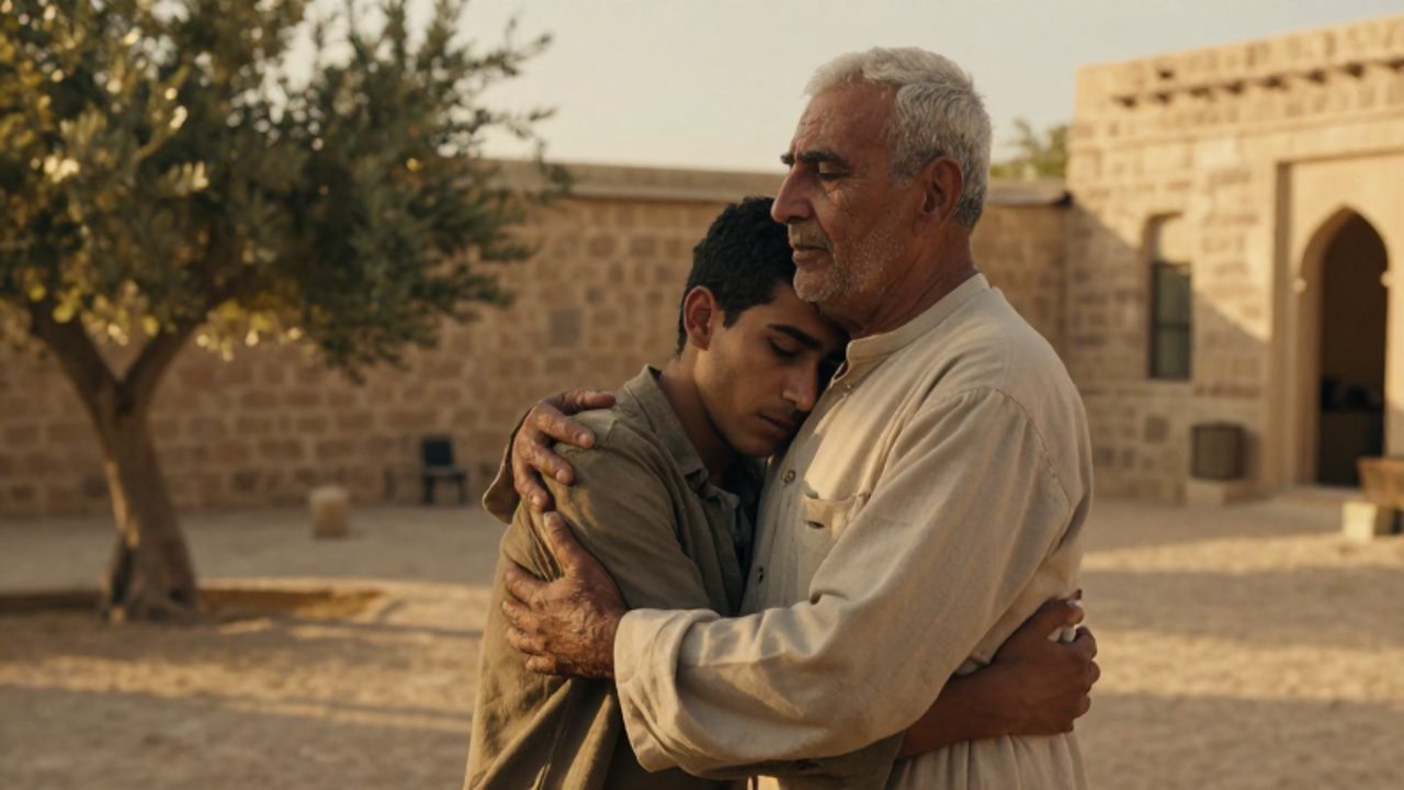Padre anciano abraza con ternura a su hijo adulto en un patio rústico, transmitiendo un momento de reconciliación y alivio emocional.