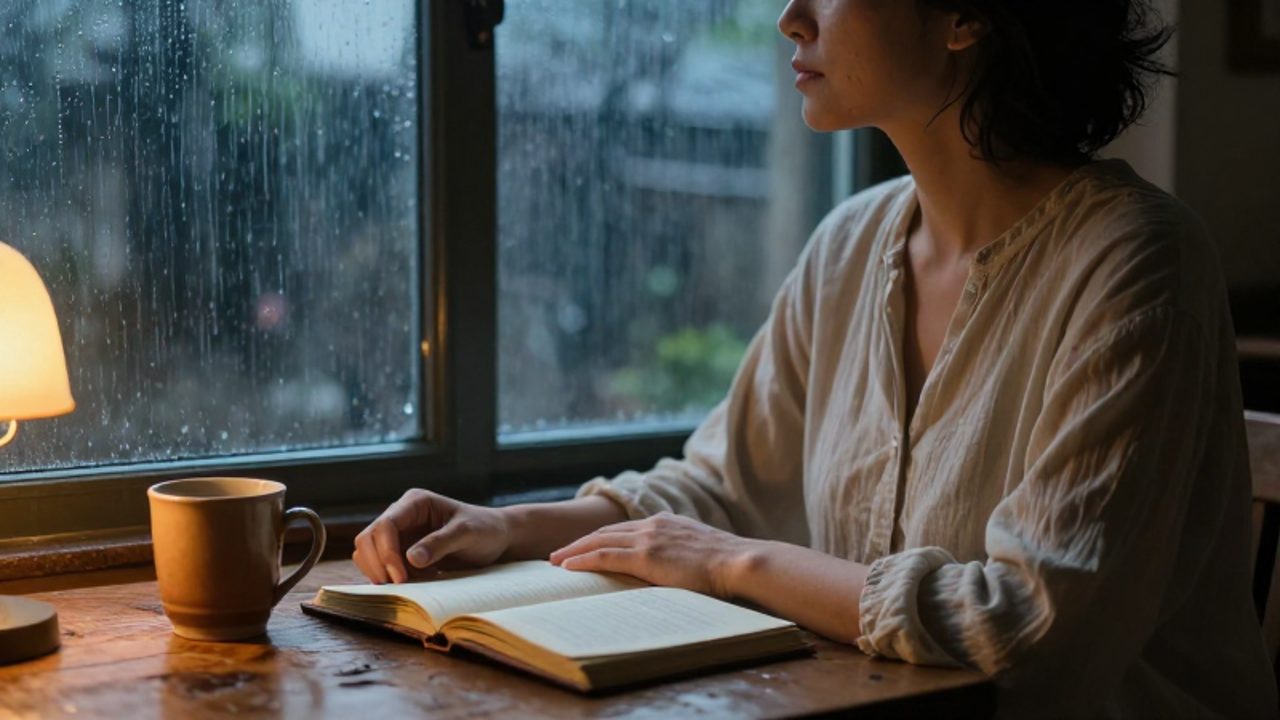 Persona con expresión serena sentada junto a una ventana mientras llueve, con un diario abierto y una taza sobre la mesa de madera.