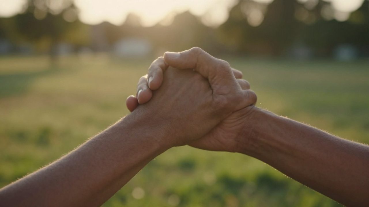 Dos personas se sujetan los brazos en un gesto de apoyo y ayuda mutua bajo la luz cálida del atardecer.