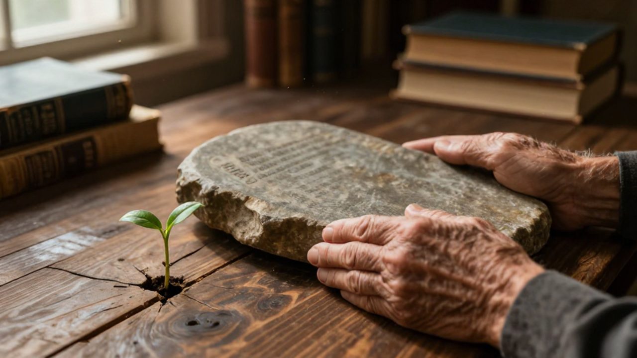 Manos envejecidas colocan una pesada tabla de piedra sobre una mesa de madera junto a un pequeño brote verde que crece de una grieta.