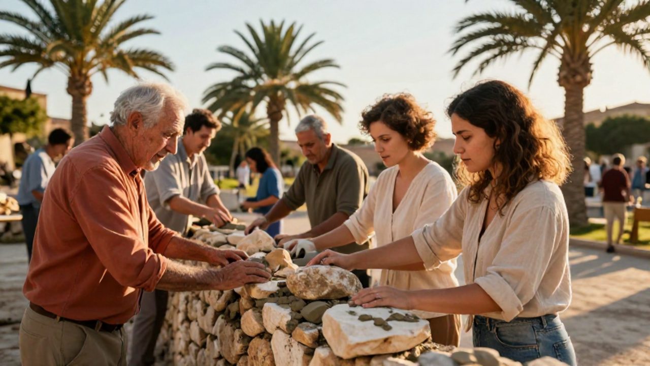Personas de distintas edades colaboran para reparar un muro de piedra en un patio mediterráneo soleado.