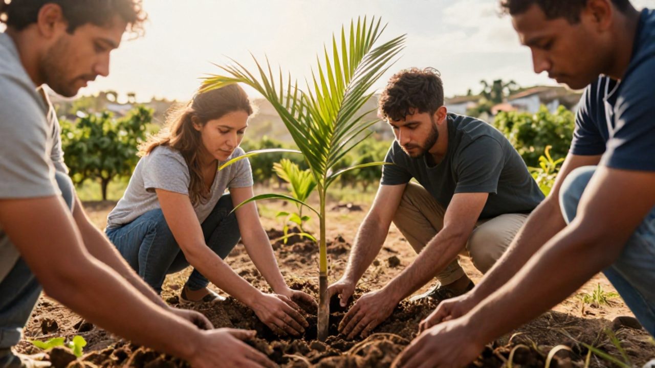 Grupo de personas plantando árboles jóvenes en un valle fértil para simbolizar la reconstrucción y el crecimiento comunitario.