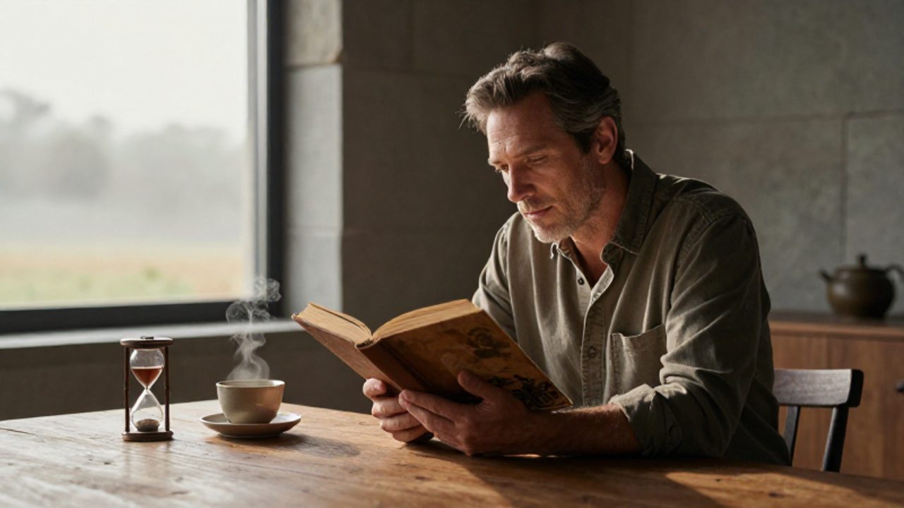 Hombre de mediana edad sentado frente a una mesa de madera mientras lee con profunda introspección un libro antiguo en una habitación iluminada por la luz del amanecer.