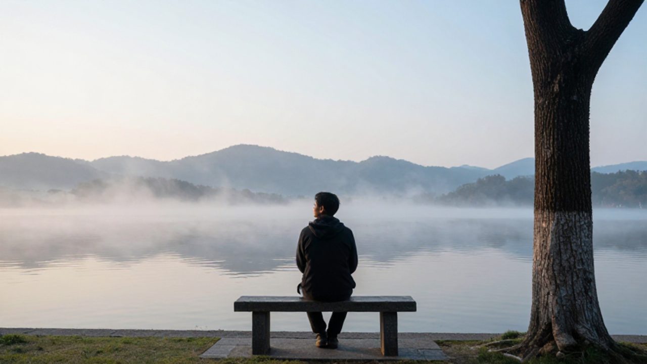 Persona sentada contemplando un lago brumoso al amanecer con una postura de serenidad y determinación.