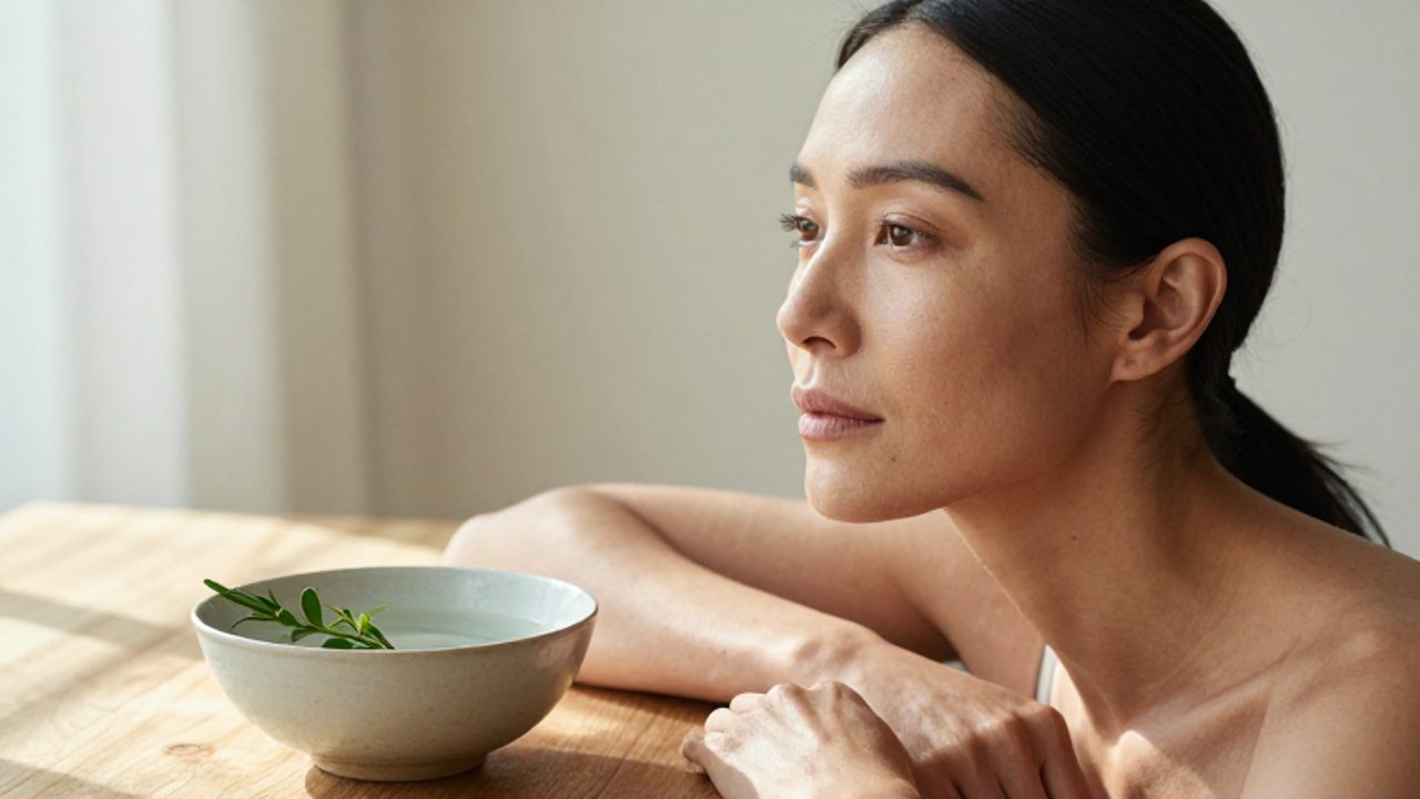 Mujer de mirada serena y expresión reflexiva sentada en una habitación iluminada por la luz natural junto a un cuenco con agua y una rama verde.