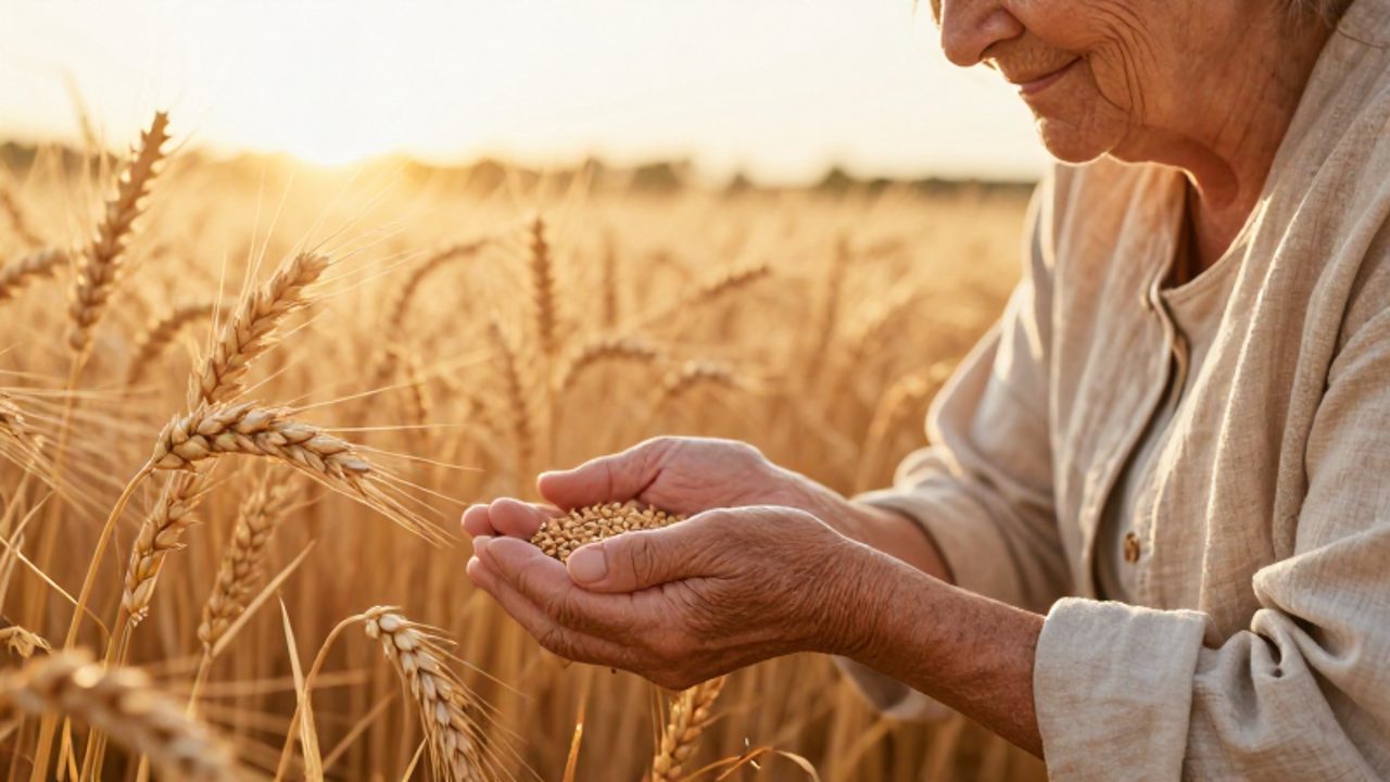 Mujer de edad avanzada recoge granos de trigo con sus manos en un campo bajo la luz cálida del atardecer.