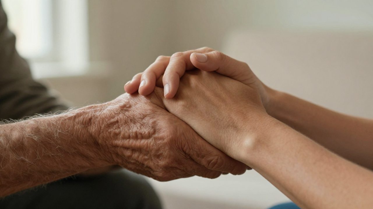 Una mano mayor y experimentada sujeta con firmeza la mano de una persona joven para brindarle apoyo y estabilidad.