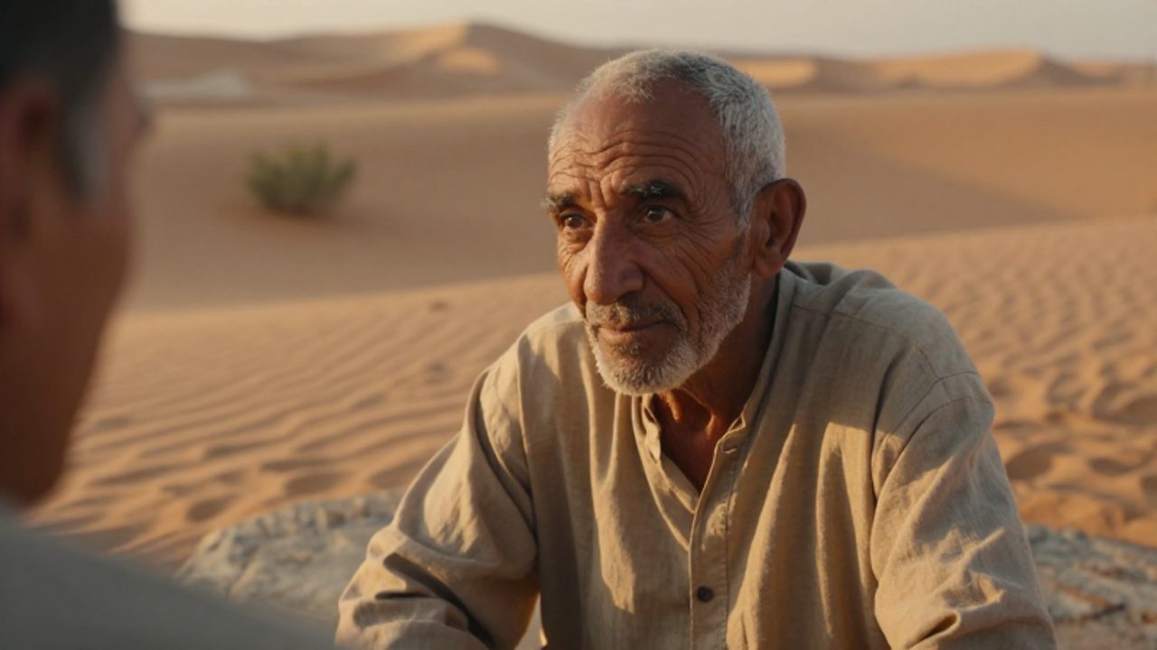 Hombre anciano de expresión amable y mirada empática escucha con atención a otra persona en un desierto iluminado por el sol.