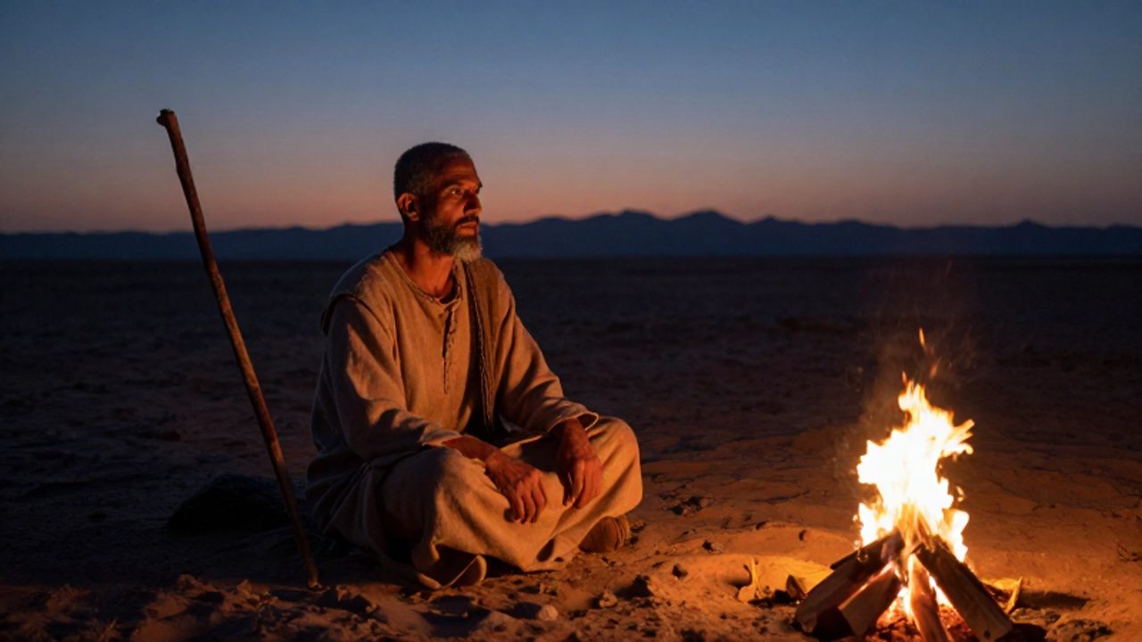 Un pastor con ropas sencillas contempla el horizonte junto a una pequeña fogata en el desierto de Madián durante el atardecer.