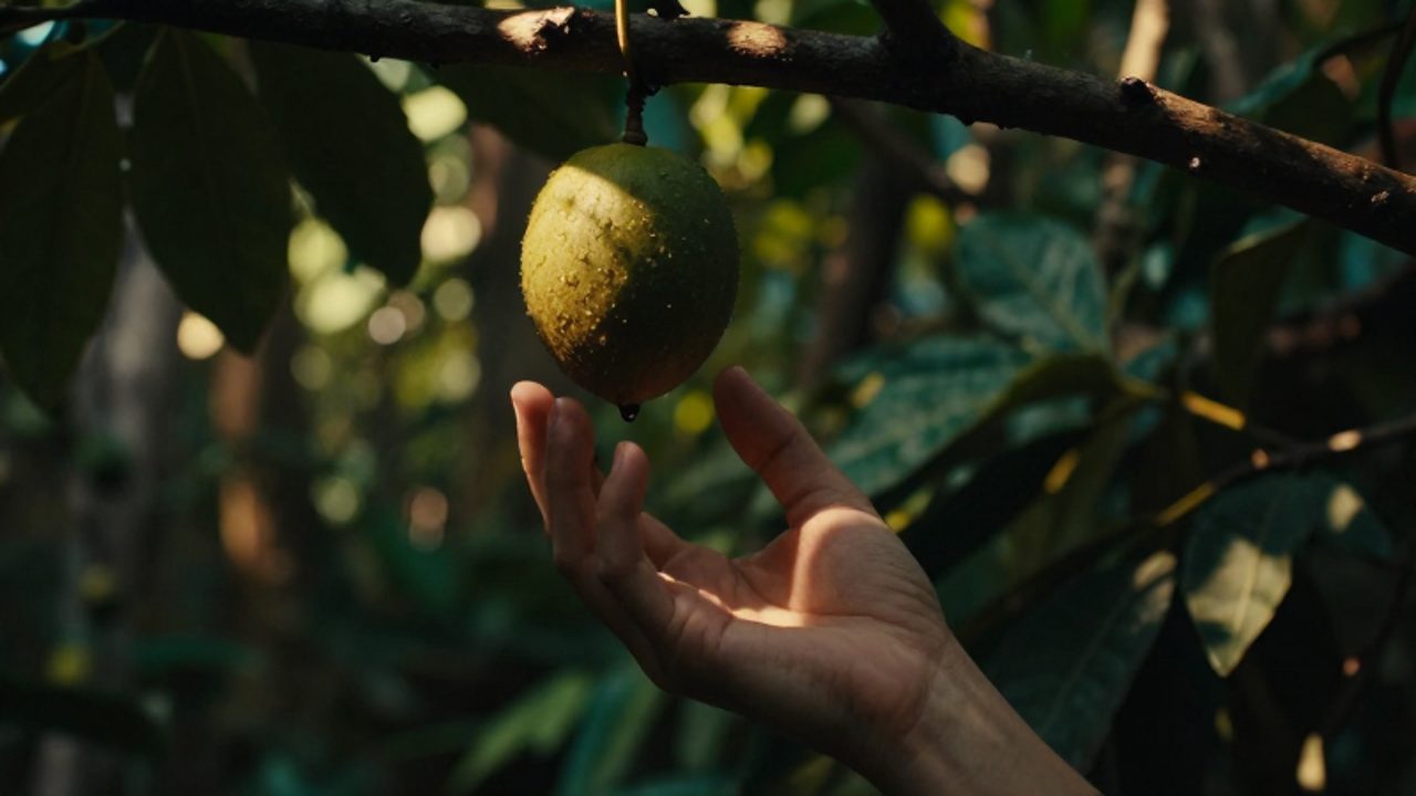 Unas manos vacilan al intentar alcanzar un fruto en un denso jardín iluminado por la luz del sol.