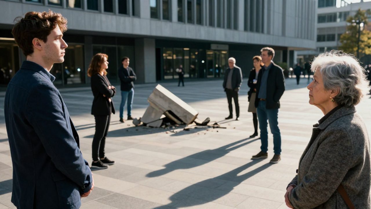 Grupo de personas de diversas edades observan con solemnidad un monumento de piedra que se desmorona en el centro de una plaza urbana moderna.
