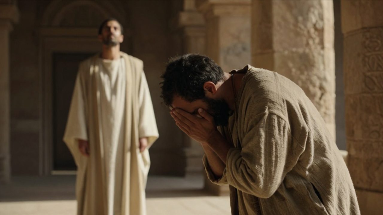 Un recaudador de impuestos con vestiduras sencillas se inclina profundamente en oración mientras, al fondo, un fariseo con ropas elaboradas permanece erguido con actitud orgullosa en un templo antiguo.