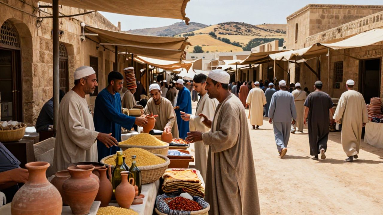 Comerciantes de la antigua Canaán intercambian granos, aceite y textiles en un concurrido mercado de piedra bajo la luz del sol.