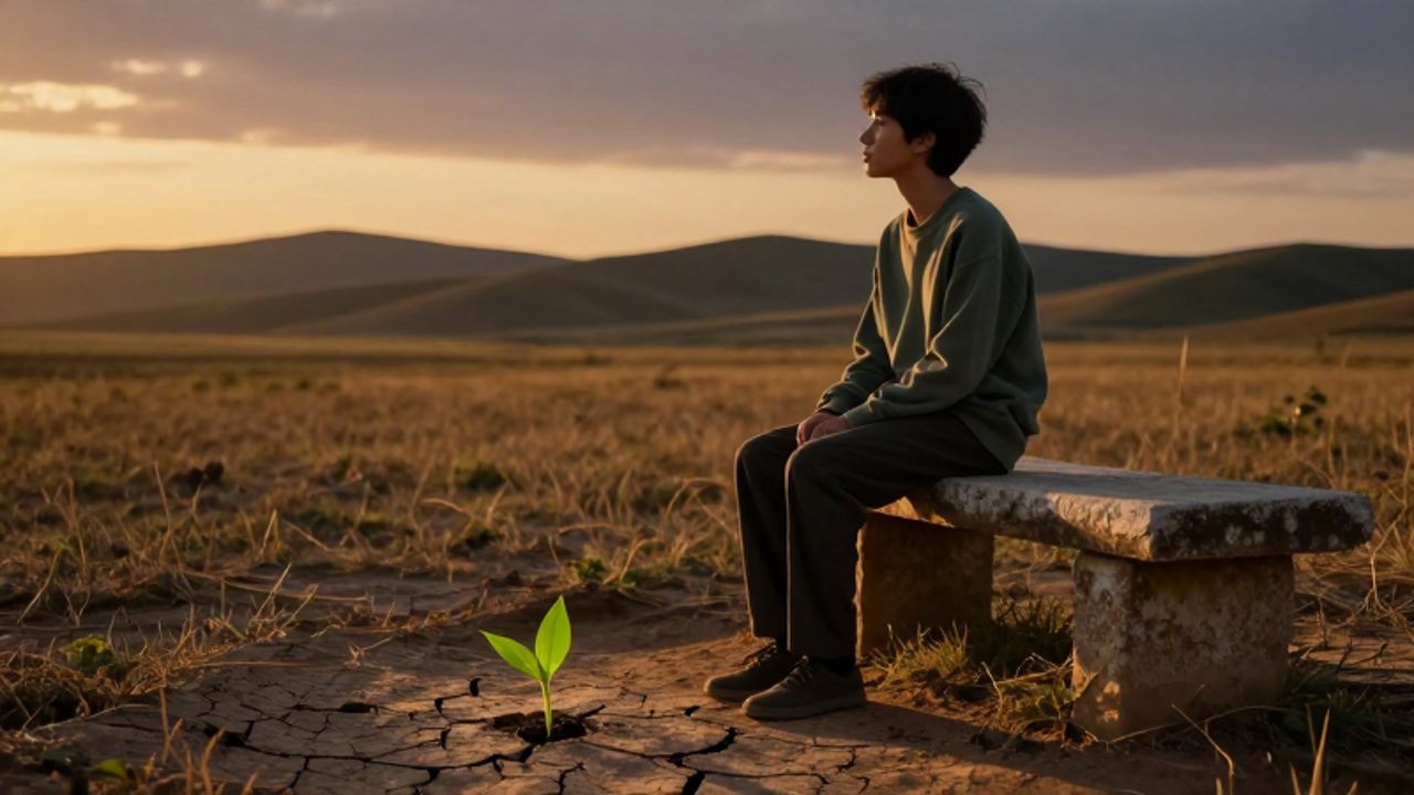 Una persona joven sentada en un banco de piedra contempla el horizonte en un campo abierto, mientras un pequeño brote verde crece entre la tierra seca en primer plano.