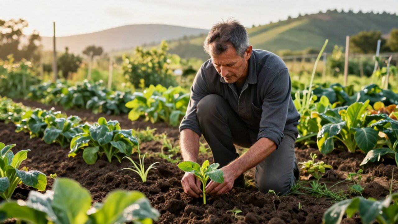 Un agricultor examina con cuidado un pequeño brote y la tierra fértil en un huerto orgánico rodeado de cultivos bajo la luz del amanecer.