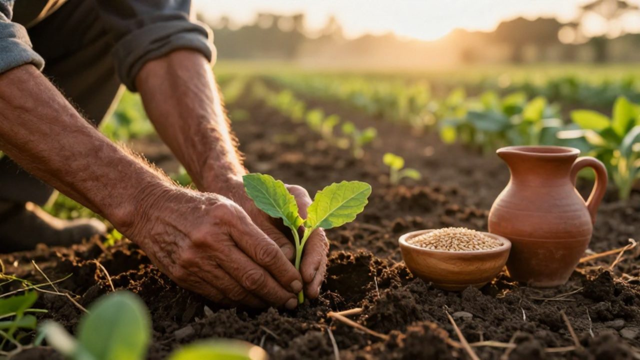 Unas manos trabajadoras plantan un pequeño brote verde en tierra fértil bajo la luz del amanecer en un campo de cultivo orgánico.