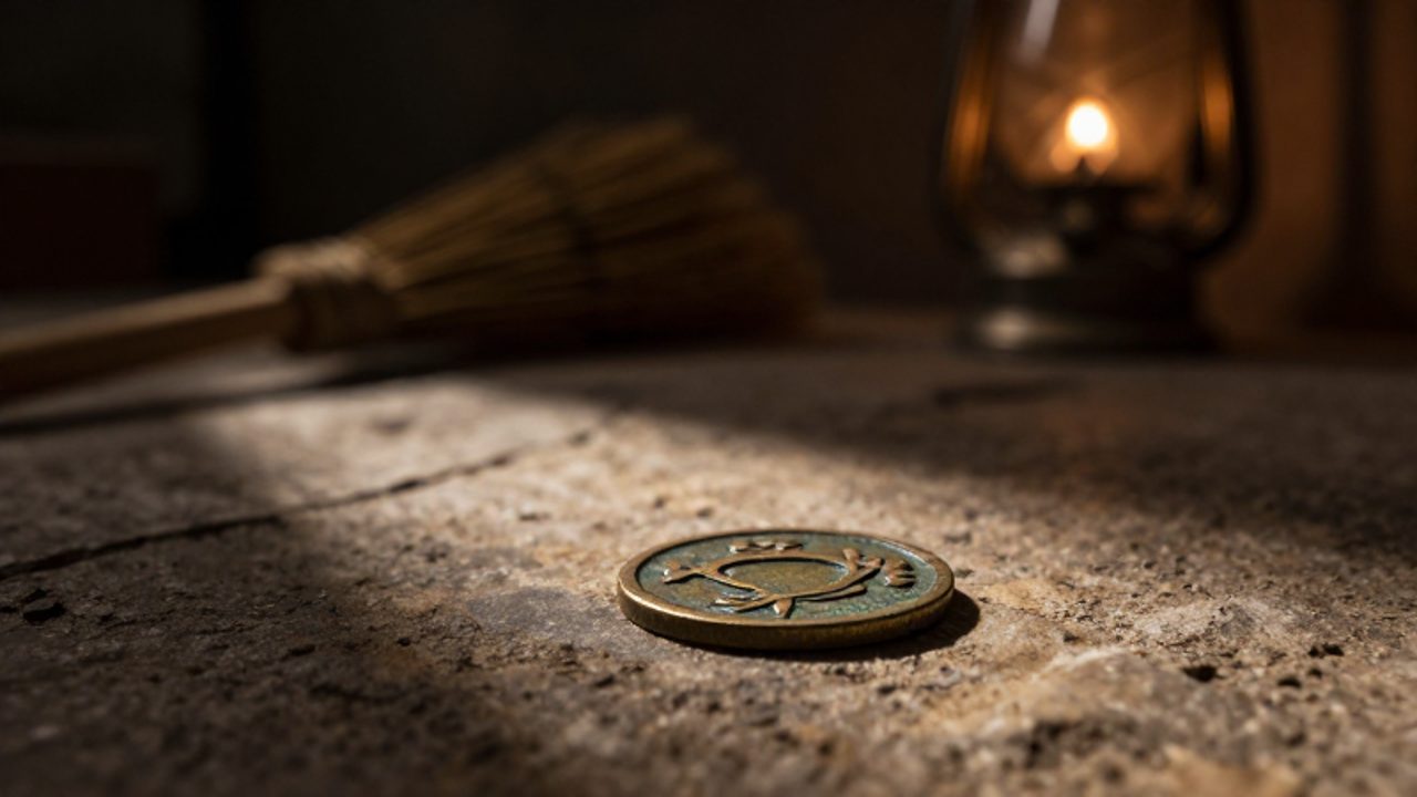 Una antigua moneda de bronce descansando sobre un suelo de piedra rústica, iluminada por un rayo de luz cálida en una habitación en penumbra.