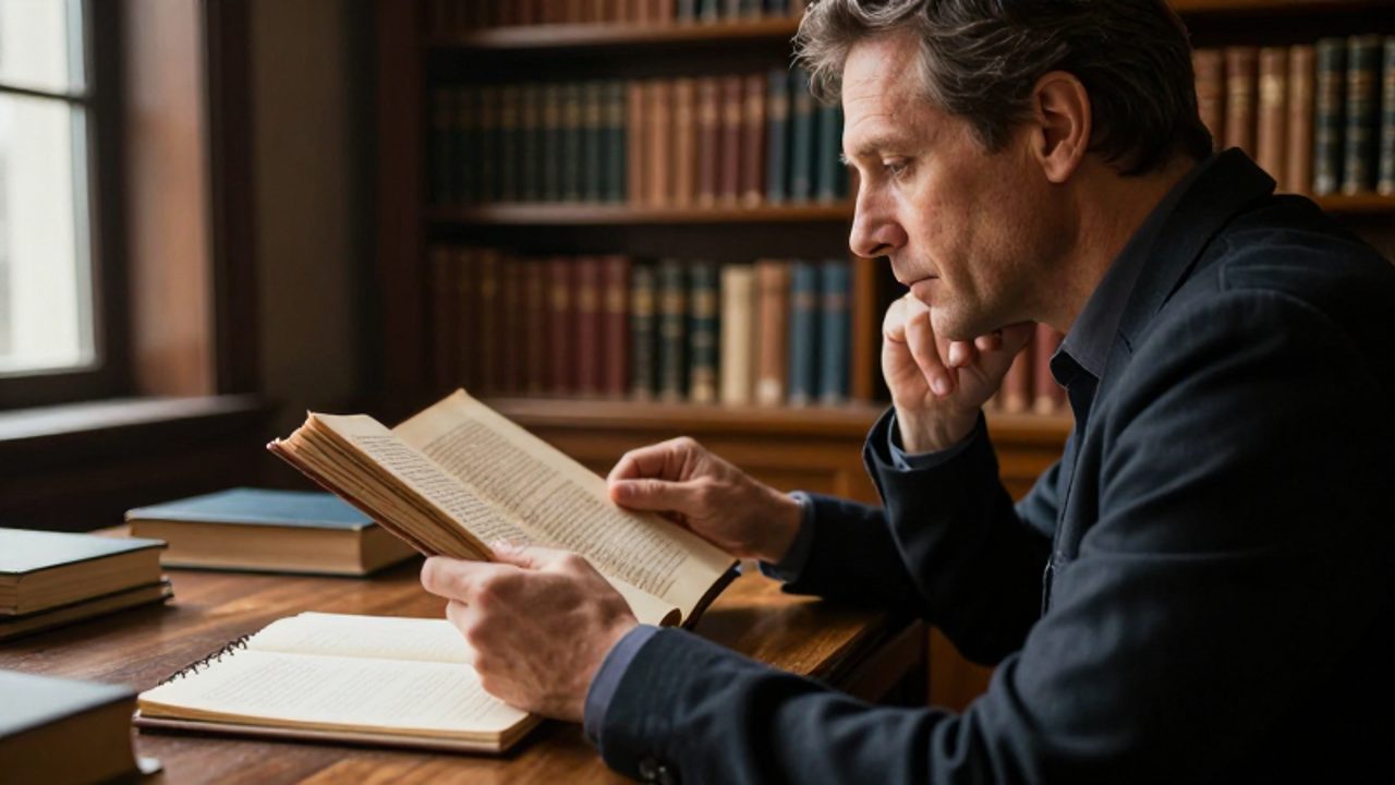 Persona de mediana edad concentrada estudiando un manuscrito antiguo y una libreta en una biblioteca iluminada por el sol.