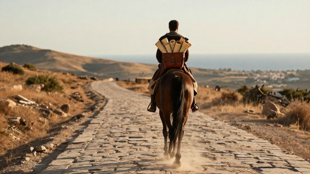 Un mensajero a caballo recorre un camino de piedra romano cargando un morral con pergaminos hacia el horizonte.