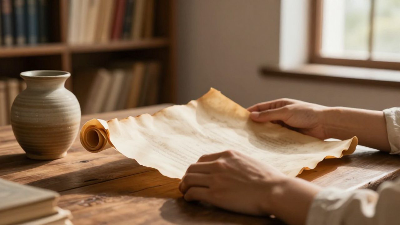 Unas manos sostienen un pergamino antiguo sobre una mesa de madera junto a una vasija de cerámica en un ambiente iluminado por la luz natural.