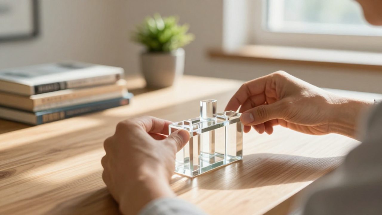 Unas manos ensamblan con cuidado una estructura de cristal transparente sobre una mesa de madera en un entorno luminoso y tranquilo.