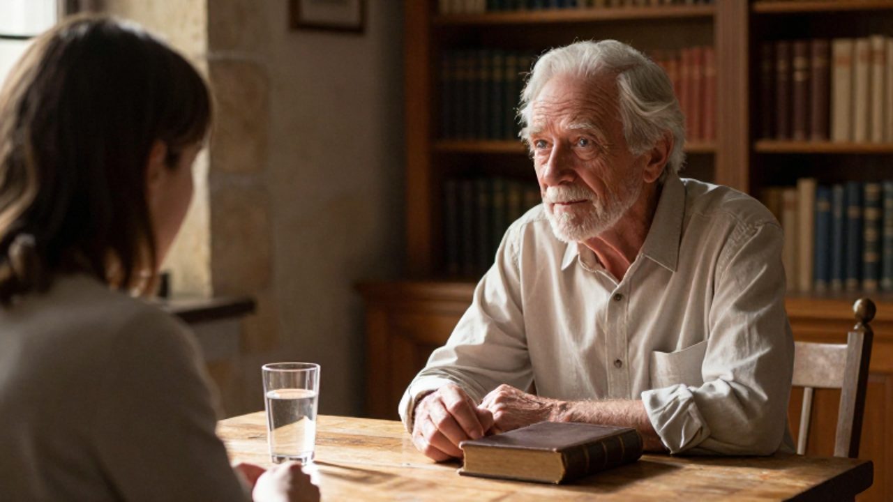 Un mentor anciano y un joven mantienen una conversación sincera frente a frente en un estudio iluminado por el sol, con un libro antiguo y un vaso de agua sobre la mesa de madera.
