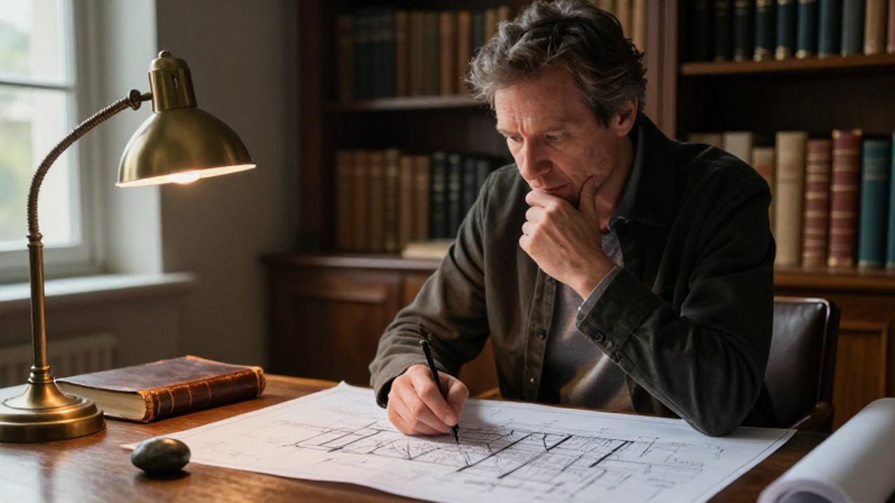 Hombre de mediana edad en un estudio iluminado, reflexionando con gesto pensativo frente a un plano arquitectónico y un diario junto a una piedra pequeña.