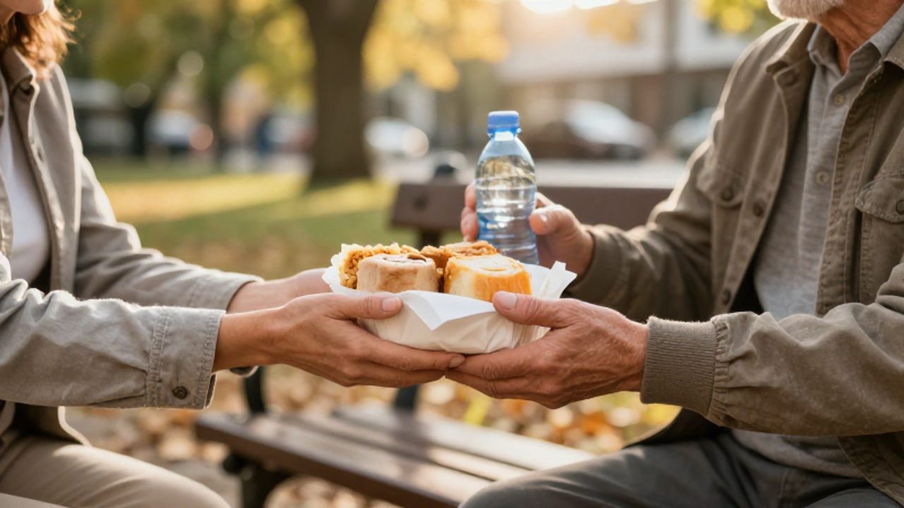 Una persona entrega comida y agua a un anciano sentado en un banco de un parque urbano.