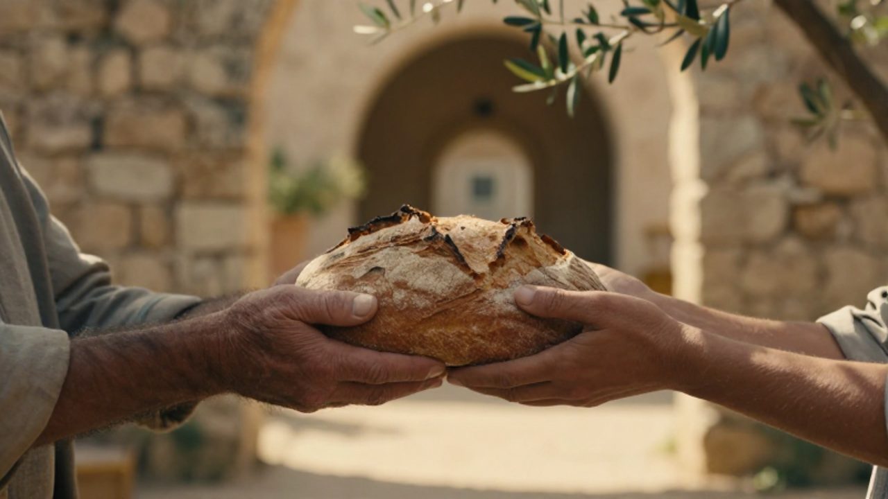 Unas manos trabajadoras comparten un trozo de pan con otra persona en un entorno antiguo iluminado por la luz del sol.