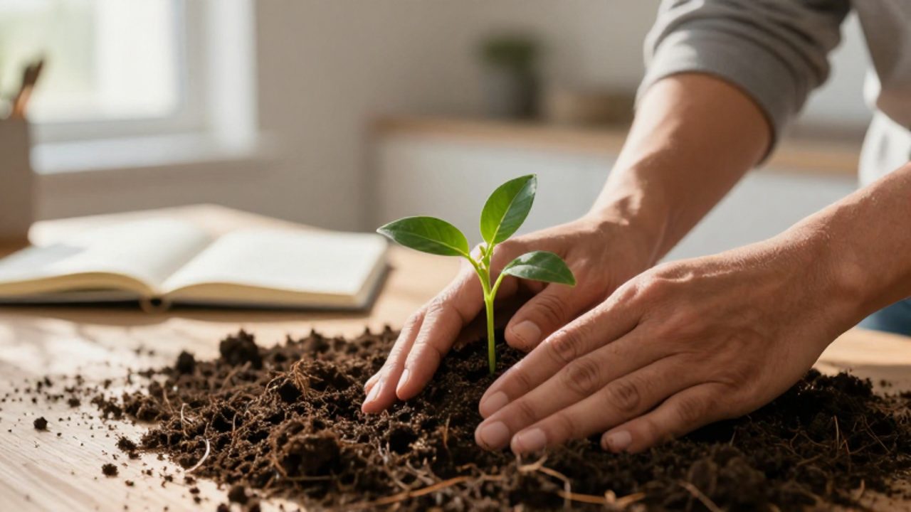 Unas manos cuidan con delicadeza un pequeño brote verde que crece de la tierra en un entorno luminoso y despejado.