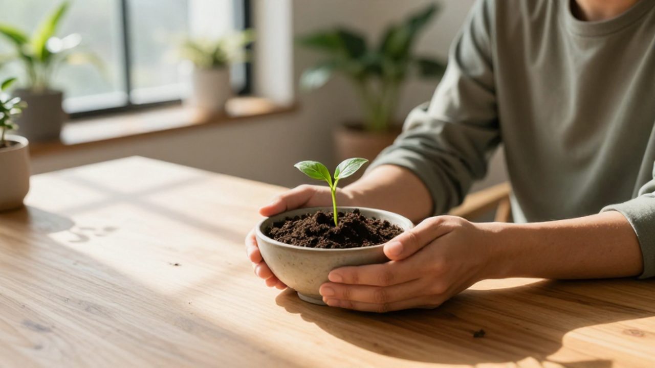 Una persona contempla con duda un pequeño brote verde que crece en un cuenco con tierra sobre un escritorio, simbolizando la indecisión ante el crecimiento.