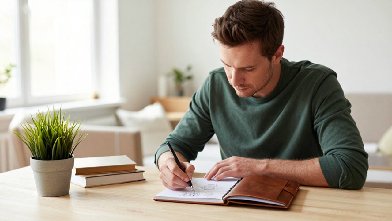 Hombre concentrado trabajando en un cuaderno de notas sobre un escritorio de madera en una oficina luminosa rodeado de libros y una planta.