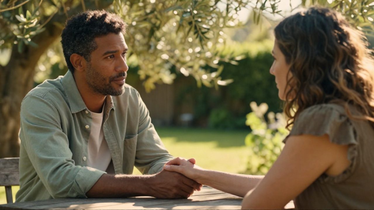 Dos personas de mediana edad sentadas a una mesa en un jardín soleado, realizando un gesto de cercanía con las manos para simbolizar la reconciliación y la confianza.