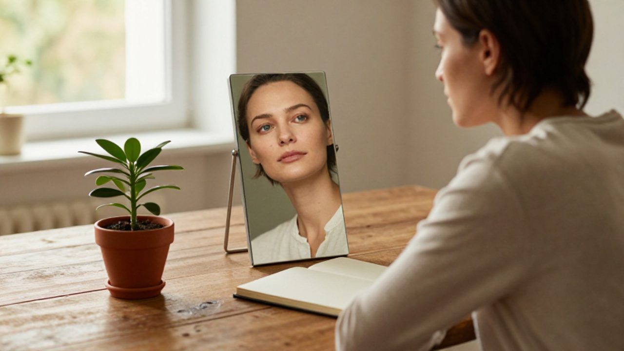 Persona sentada frente a un espejo en una habitación iluminada, con expresión reflexiva y tranquila que sugiere introspección y paz interior.