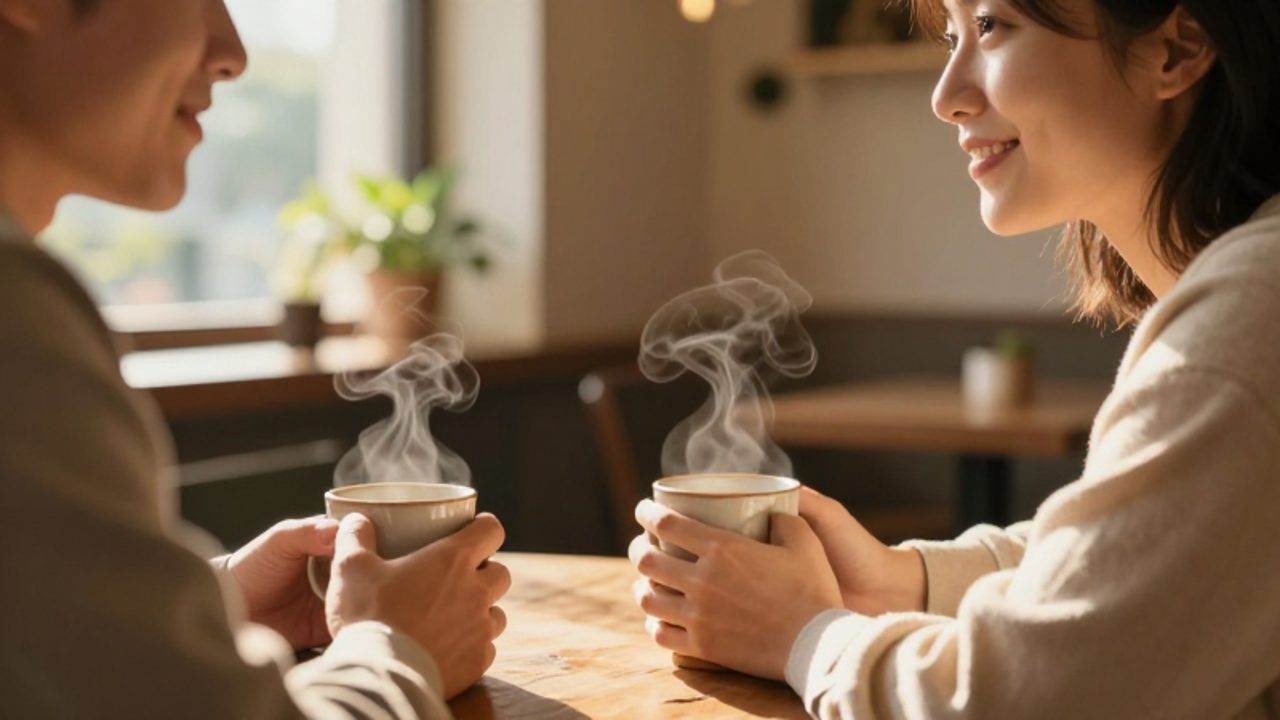 Dos personas conversan con sonrisas y complicidad sentadas frente a frente en una cafetería acogedora y luminosa.