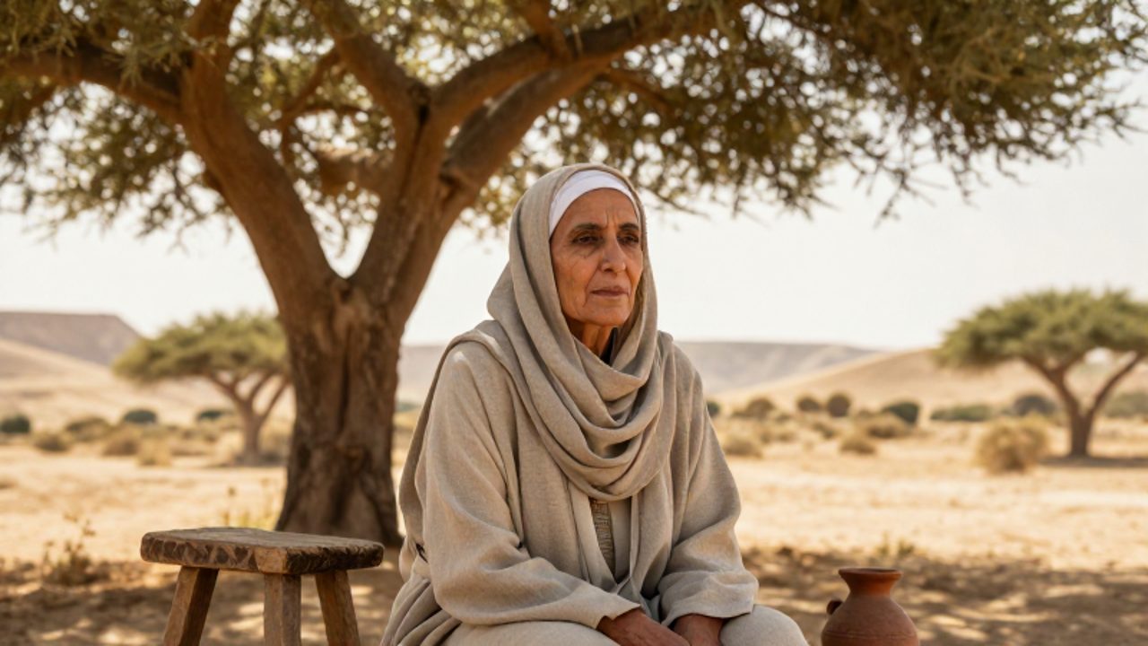 Débora, una mujer madura de expresión serena y sabia, se sienta bajo la sombra de una acacia en un paisaje árido de la antigua Israel.
