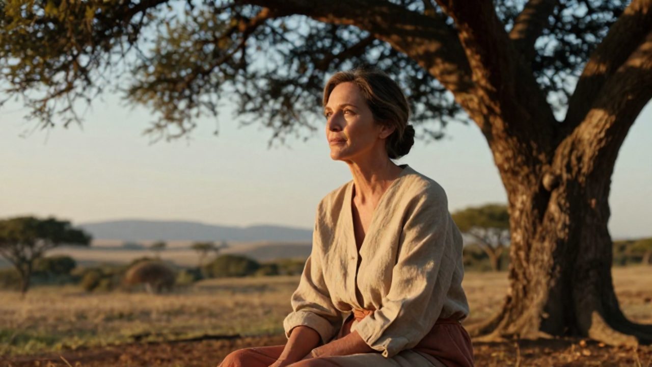 Mujer de expresión serena y mirada sabia sentada bajo la sombra de una acacia, contemplando un paisaje de colinas al atardecer.