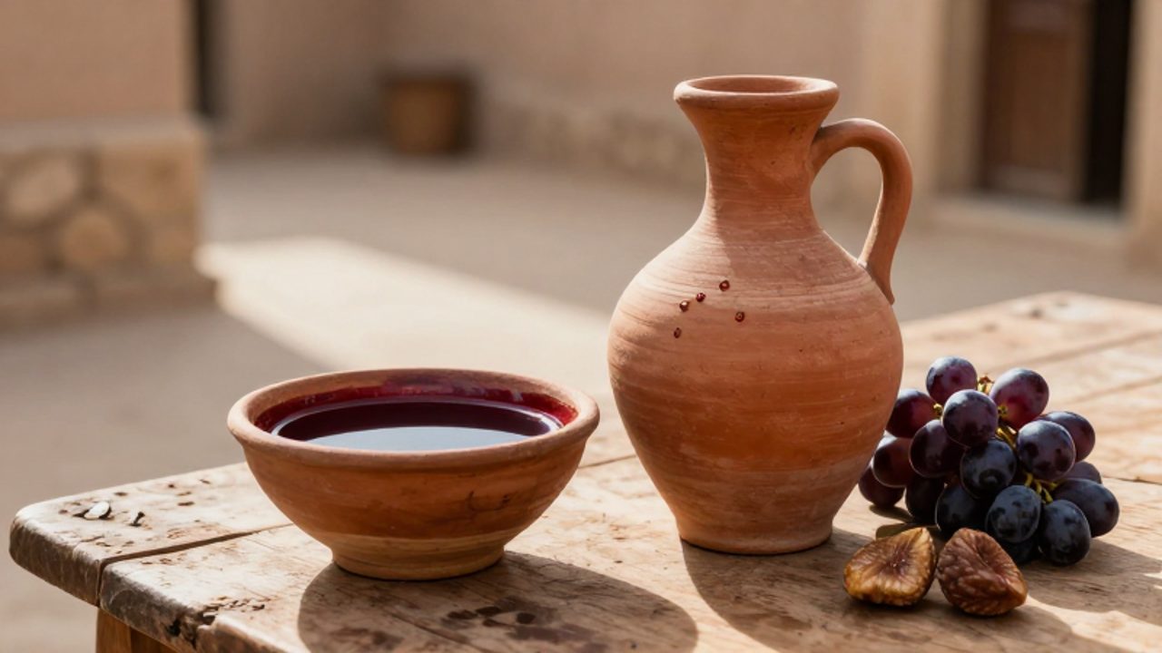 Una jarra de terracota con vino tinto y un cuenco con agua acompañados de uvas y higos sobre una mesa de madera rústica.