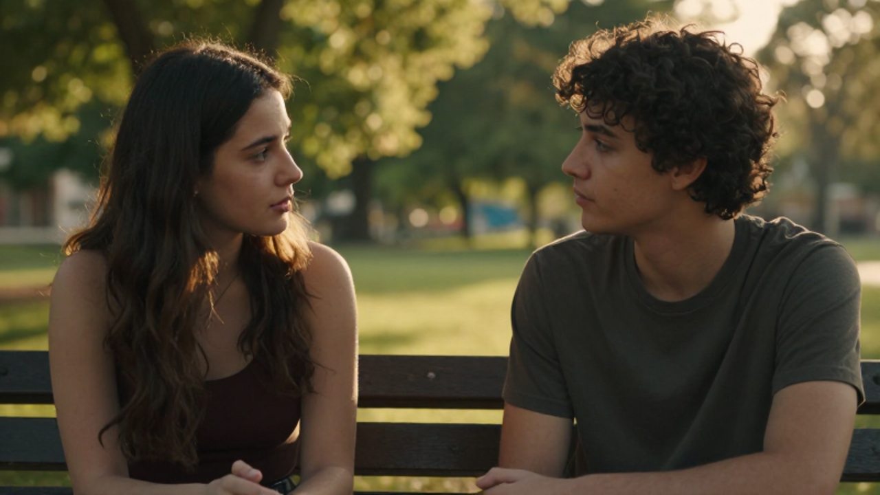 Dos amigos conversan con sinceridad y confianza sentados en un banco de madera en un parque iluminado por el sol.