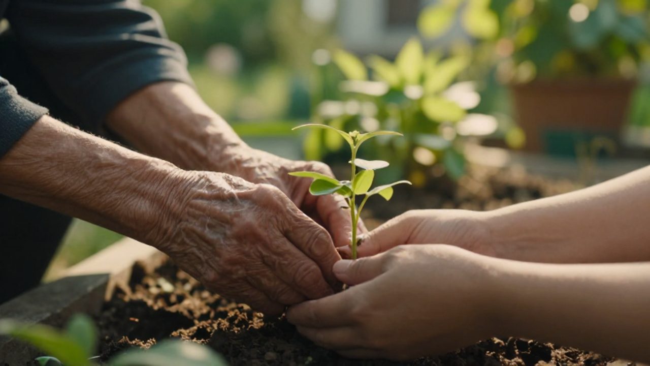 Manos de una persona mayor guiando con cuidado las manos de un joven mientras cuidan juntos una planta en un jardín iluminado por el sol.