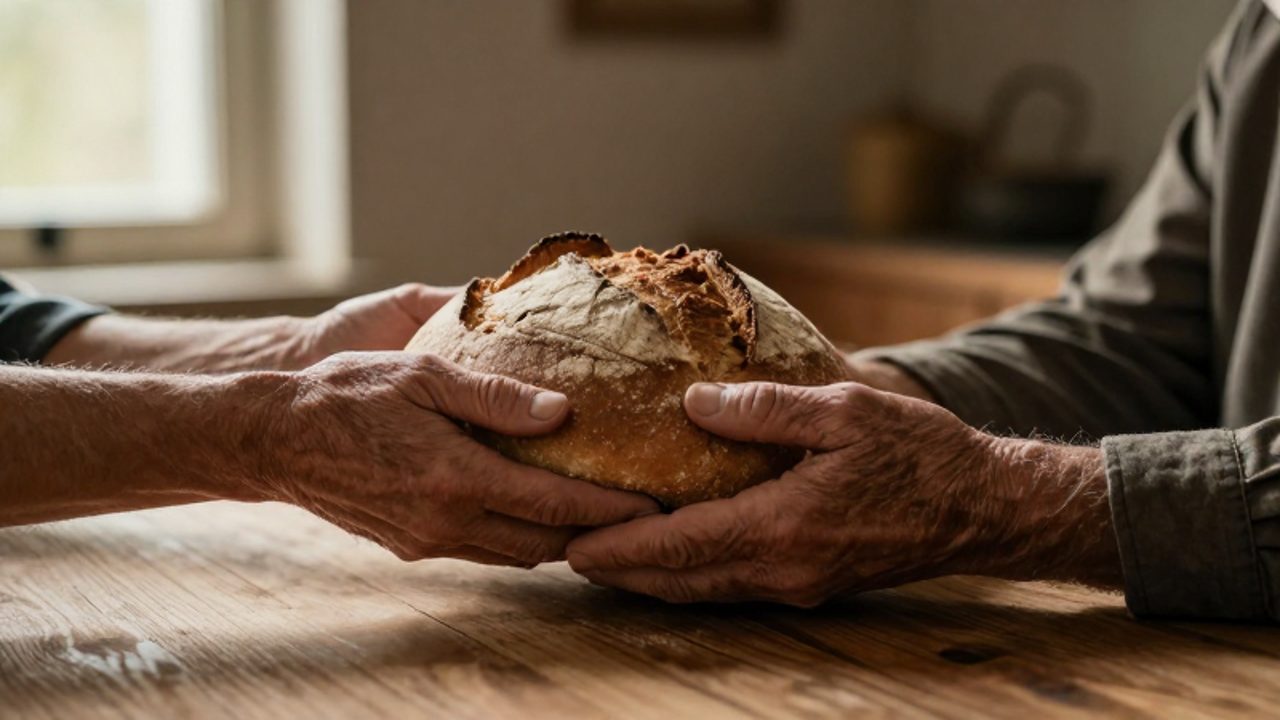 Unas manos de una persona mayor entregan con delicadeza un pan artesanal a las manos de un joven en un entorno cálido y acogedor.