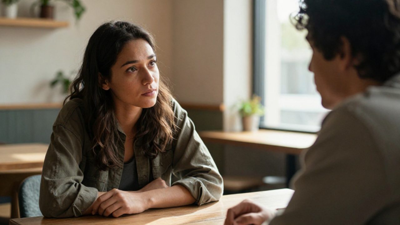 Dos personas sentadas frente a frente en una cafetería luminosa mantienen una conversación profunda y empática.