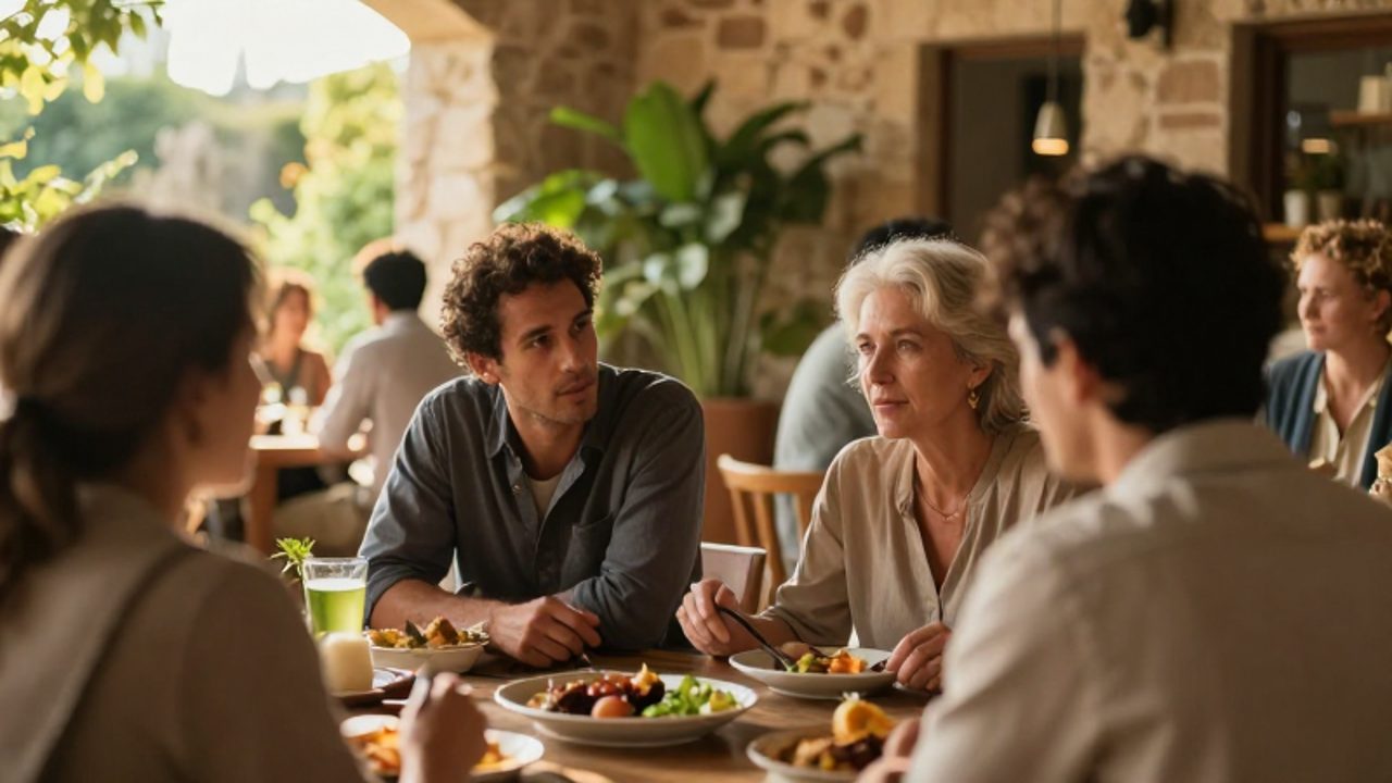 Grupo diverso de personas compartiendo una comida en un patio soleado, mostrando expresiones de empatía y conexión cercana.