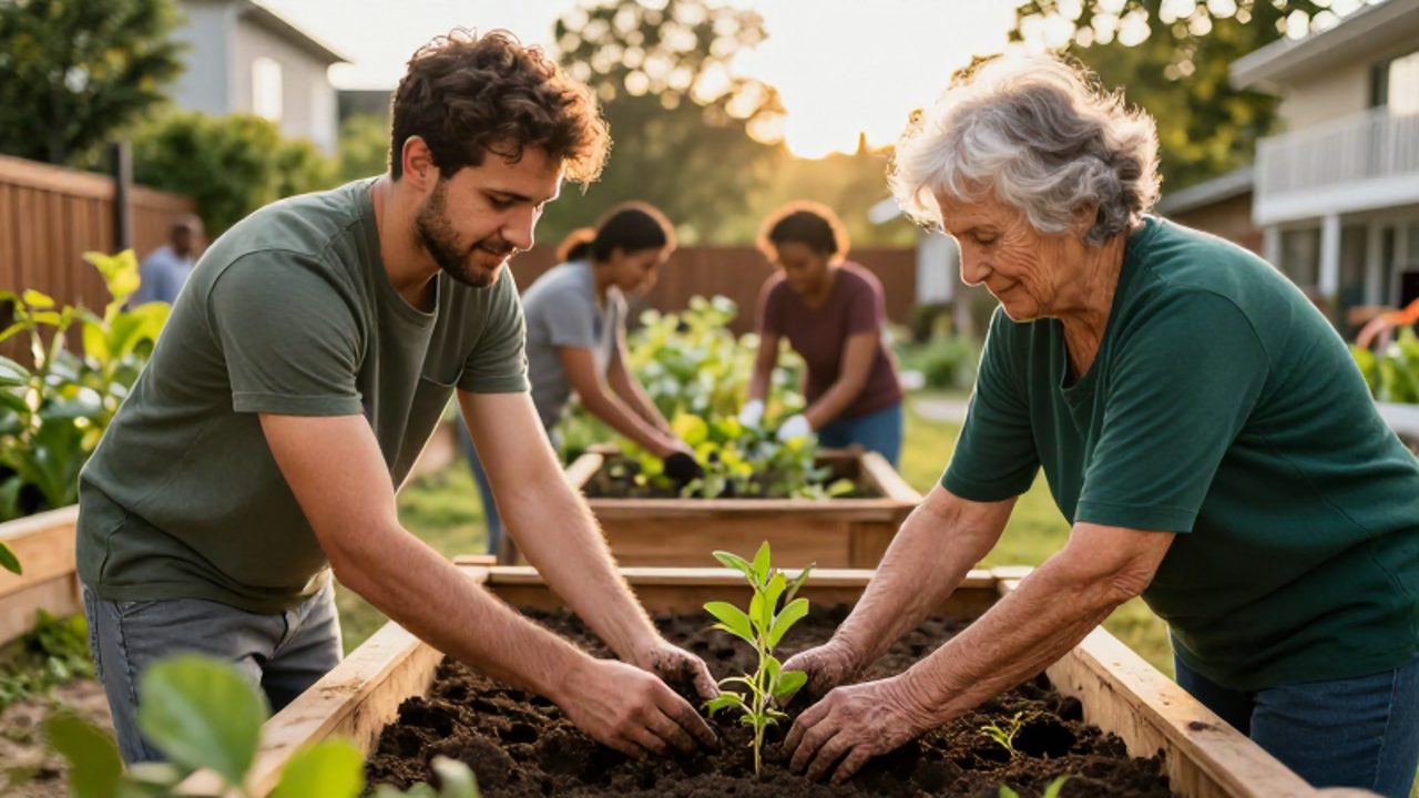 Personas de diversas edades colaboran plantando brotes en un huerto urbano bajo la luz del atardecer.