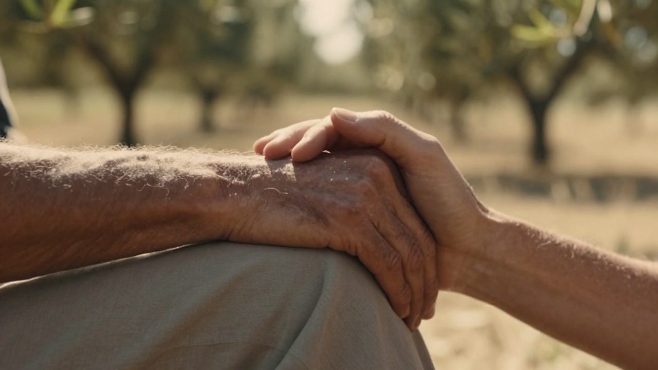 Un par de manos se sujetan con firmeza en un gesto de apoyo y consuelo bajo una luz cálida de tarde.